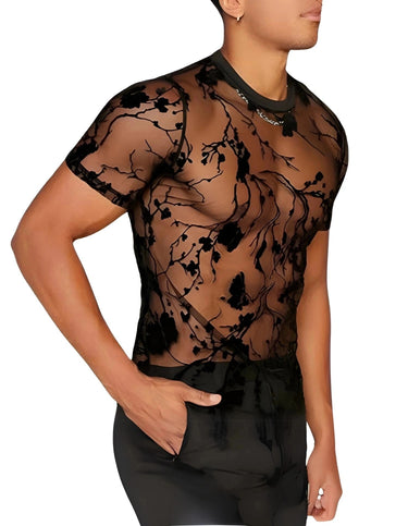 Summer Clothing Men's Black Sheer T-Shirt Streetwear Hollow-Out O Neck Short Sleeve Tees Rose Printed, Drestiny, Black, T-Shirts, Short Sleeves, Casual Shirts, S, M, L, XL, XXL, 2XL, 3XL, XXXL, United States, USA, Canada, Gender Men, Australia, New Zealand, United Kingdom, UK, Men's sheer black top, Black see-through shirt men, mesh black mesh shirt, Black transparent t-shirt men, men's black festival top, shopdrestiny.com